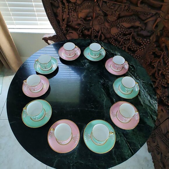 1941 Copeland Spode Custom Made Porcelain Demi-Tasse Pink Green Tea Set - Picture 6 of 16